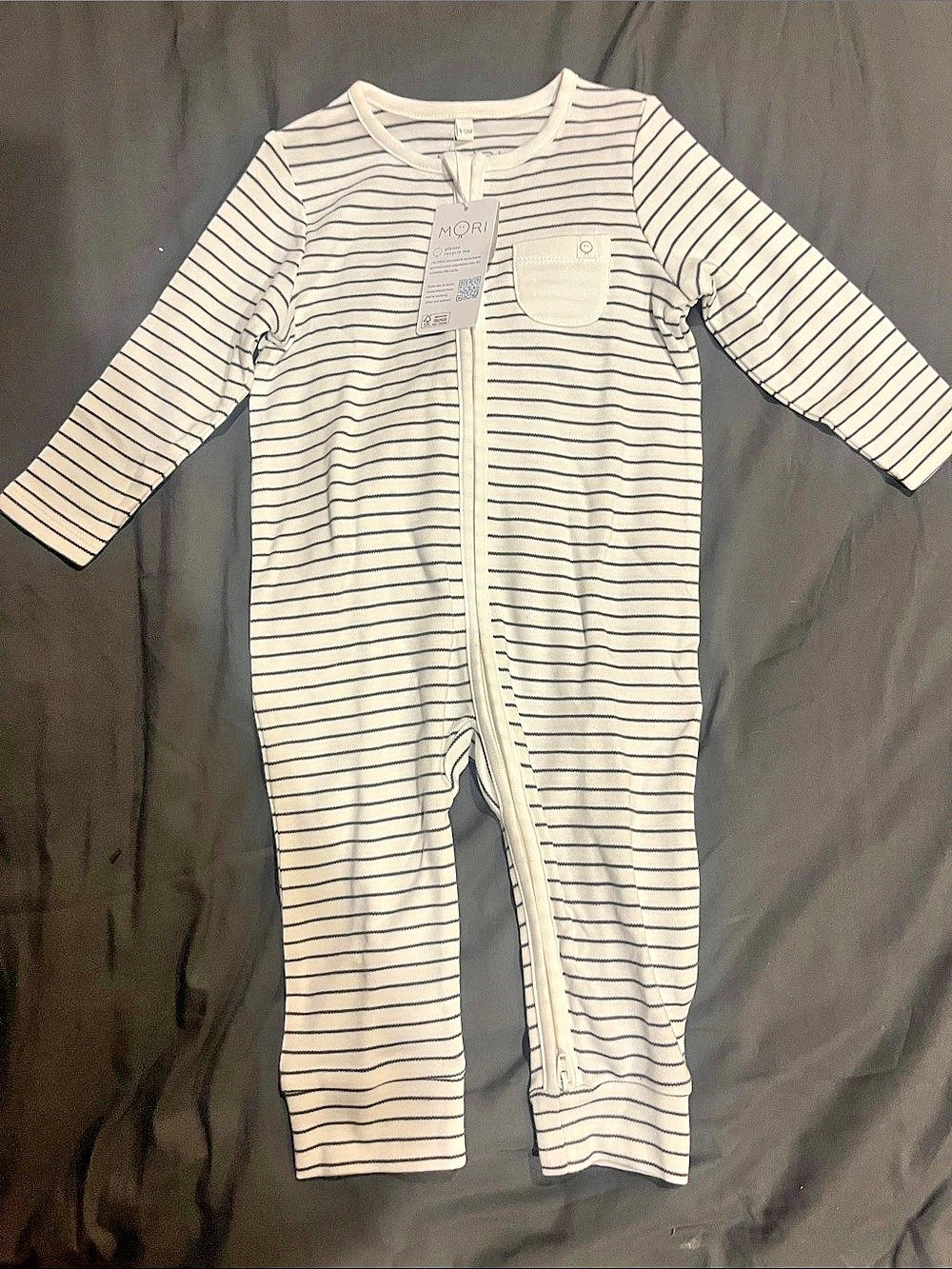 MORI Clever Zip Sleepsuit Baby Striped Footie White & Gray